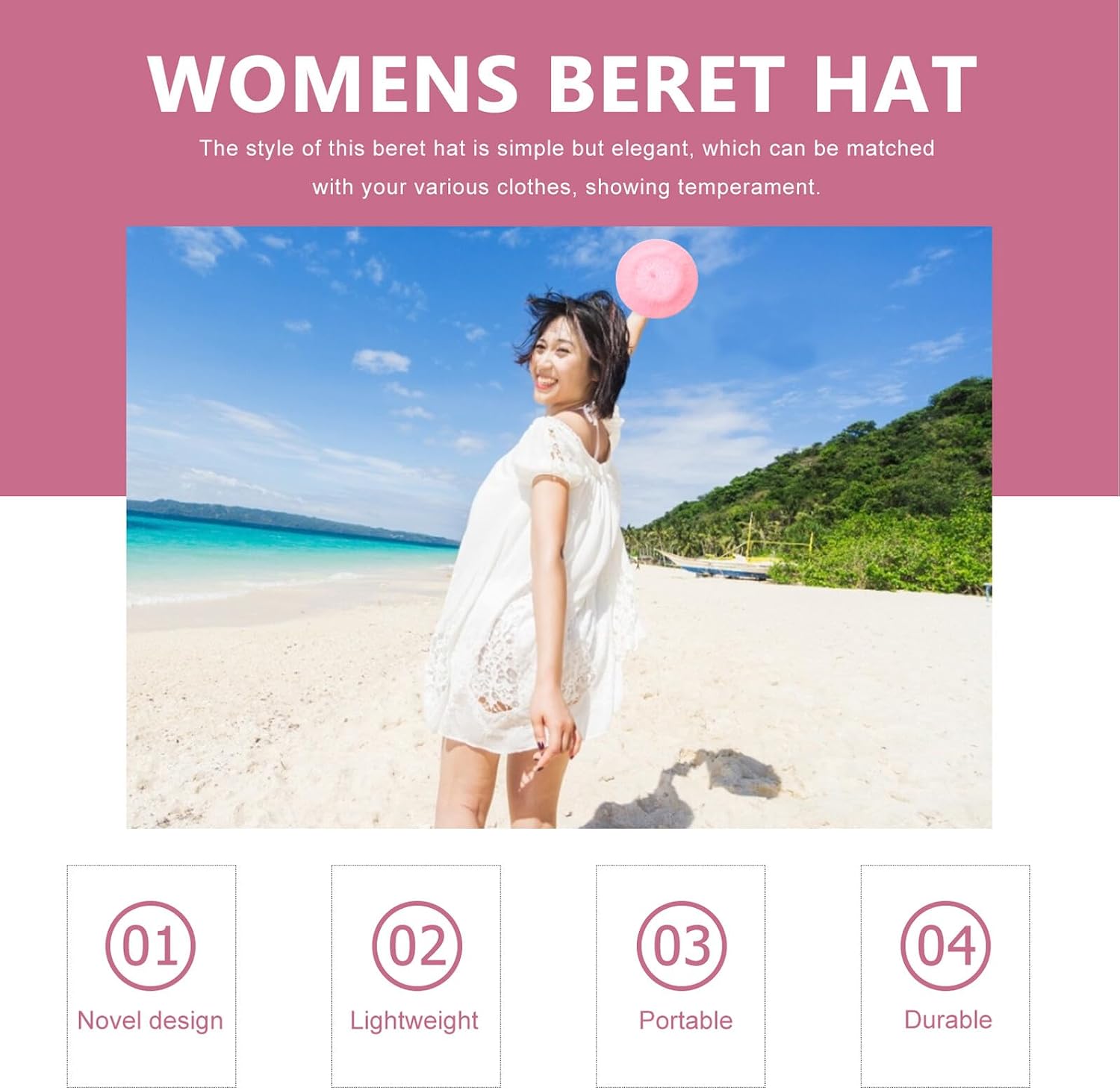 Breathable Pink Beret Hat Women’s Decorative Sunshade Beret for Vintage Style 55-57cm Adjustable Outdoor Fashion Accessory