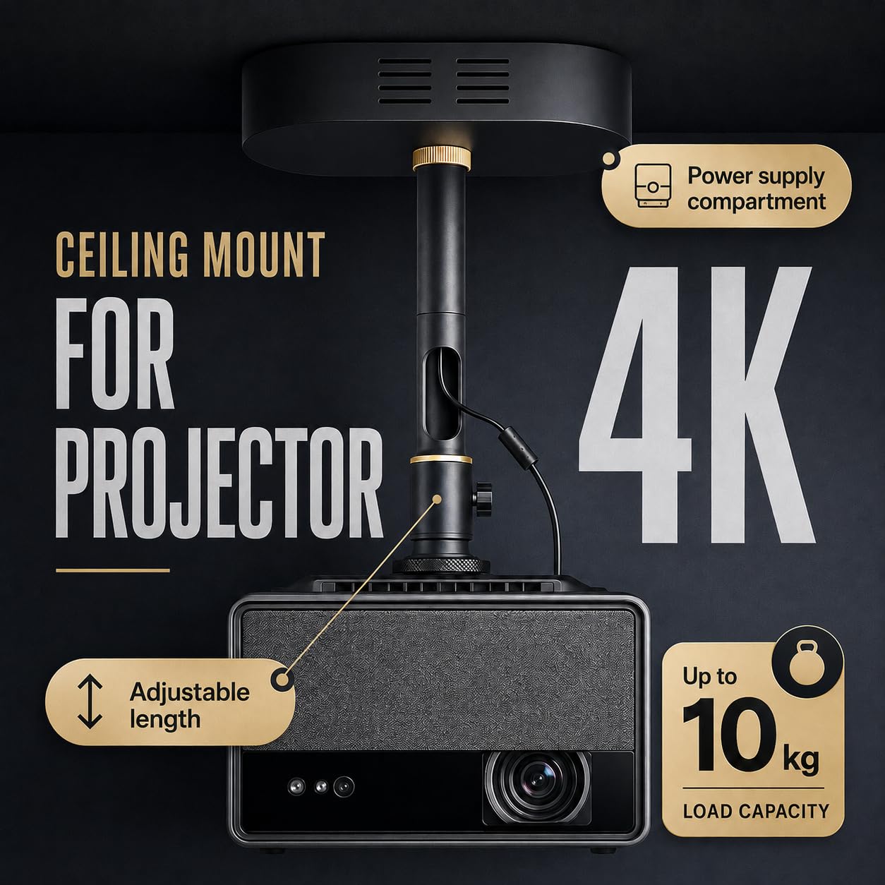 Support de plafond pour projecteur - Compartiment d'alimentation intégré, charge 10 kg, longueur réglable 18-48 cm, articulation semi-sphérique 360°, câble caché