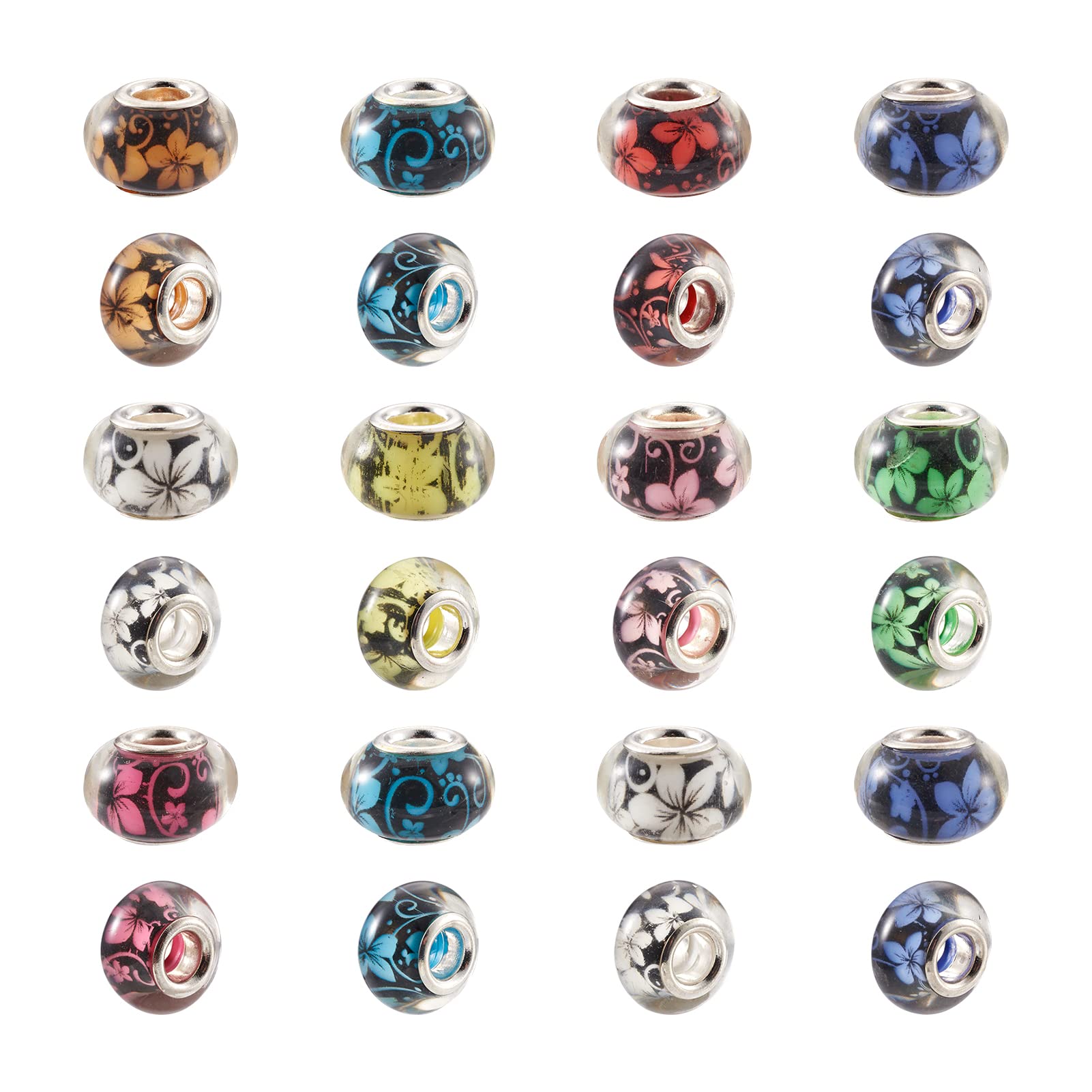 PandaHall 100pcs Large Hole Acrylic European Beads with Flower Pattern Rondelle Acrylic Charm Spacer Beads with Silver Color Core for European Snake Chain Bracelets, Random Mixed Color