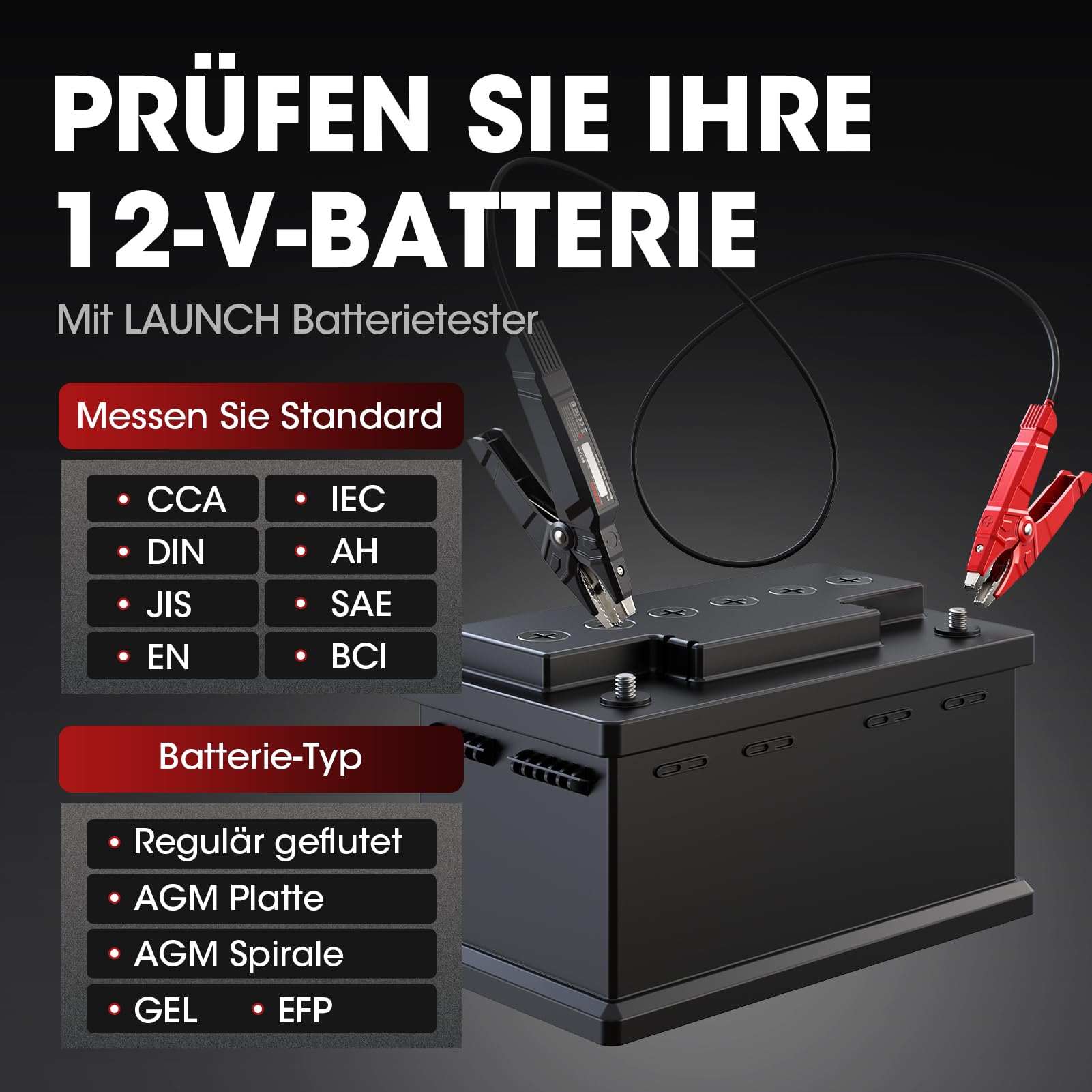 LAUNCH BST360 Batterietester für Auto, 12 V, 100 – 2000 CCA Bluetooth, Werkzeug für Autobatterie, Gesundheitsprüfungen für Auto, LKW, Motorrad, ATV, SUV, Boot, Yacht