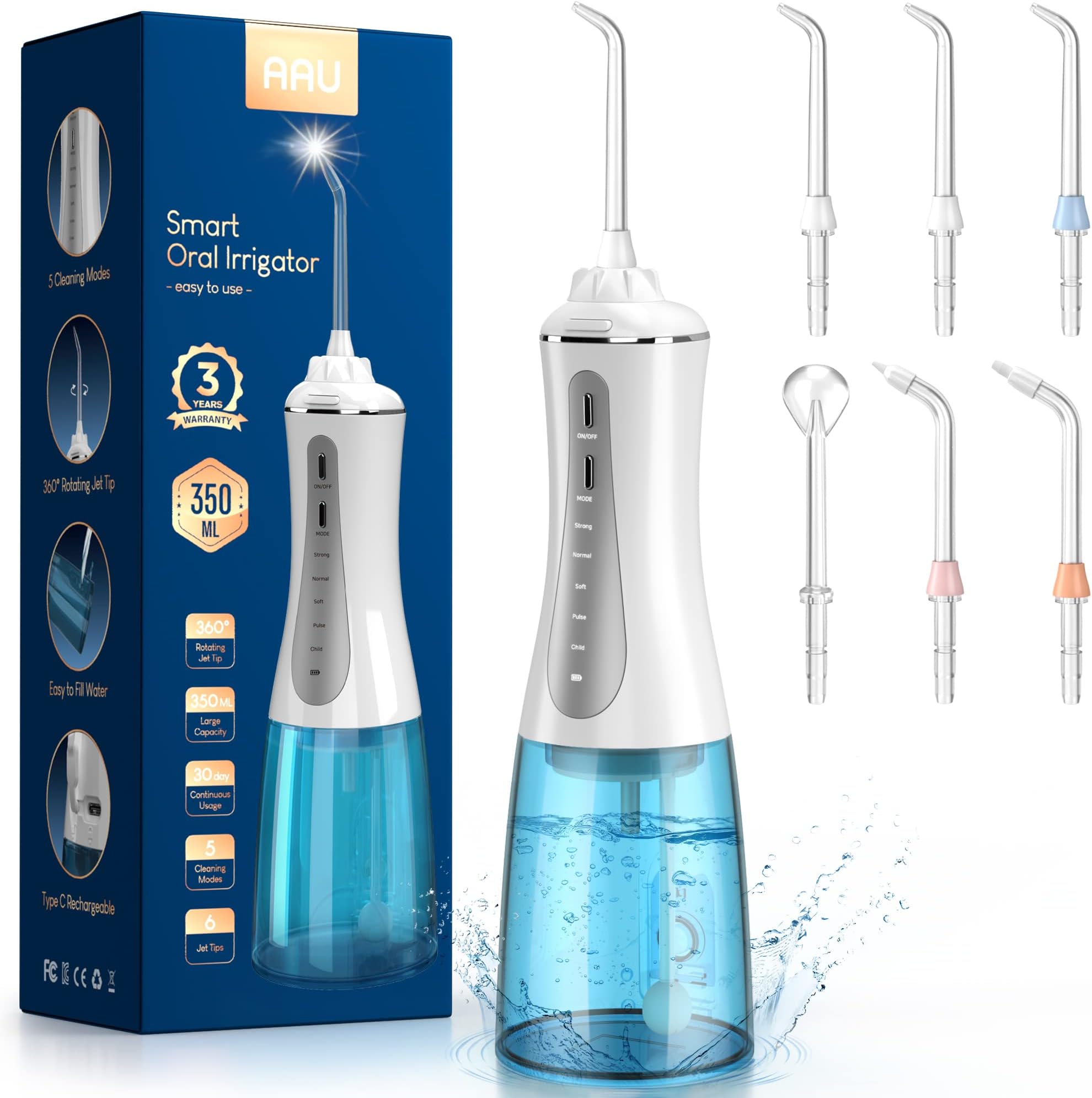 Cordless Water Dental Flosser for Teeth - 350ML Portable and Rechargeable Oral Irrigator with 5 Modes 6 Replaceable Tips - IPX7 Waterproof Powerful Battery Life Picks for Travel Home Use