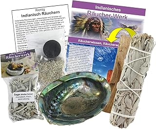 8-TLG Räucher-Set [Smudge-Kit] mit weißer Salbei + Palo-Santo + Räuchermuschel 12-14 cm + ZUBEHÖR + Räucheranleitung + Boo...