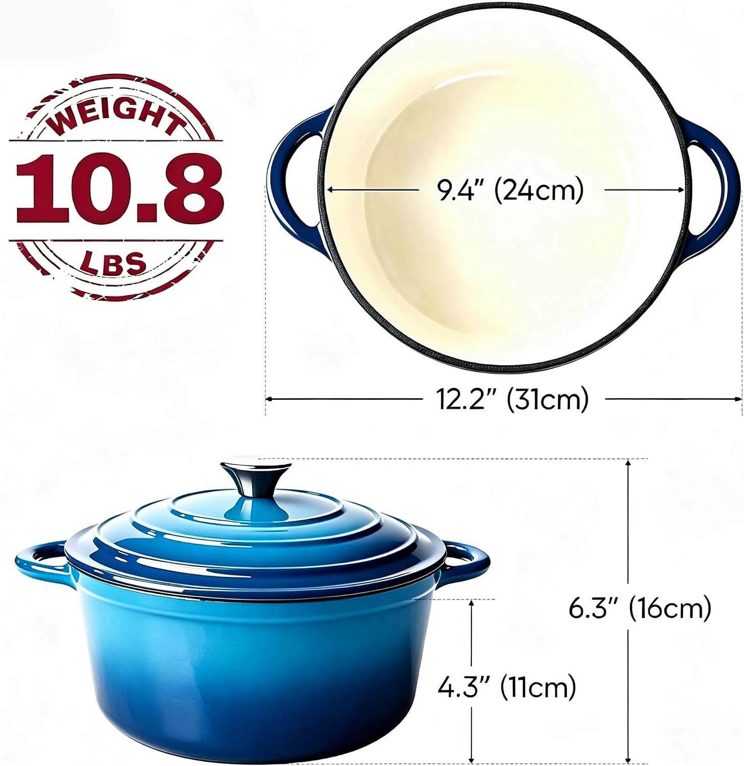Enameled Cast Iron Dutch Oven 4.5QT with Lid & Heat Resistant Gloves Heavy-Duty Cookware for Roasting, Baking, Sauteing and Bread Making Navy