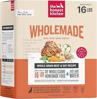 The Honest Kitchen Wholemade Whole Grain Beef Recipe, Human Grade Dehydrated Dog Food, Just Add Water, Supports Healthy Digestion, Skin & Coat, Topper for Dry or Wet Dog Food, 4 lb Box Makes 16 lbs