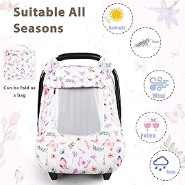 Pea Pod Car Seat Cover Baby, Infant Car Seat Canopy Covers with 2 Layers Windows of Breathable Mesh Fabric, Lightweight Polyester, Soft Minky Dot Backing (Butterfly Pattern)