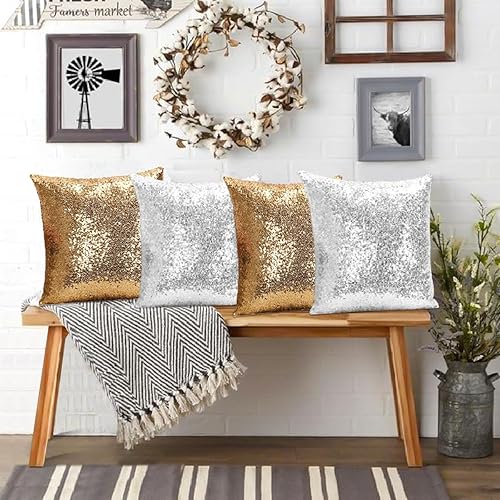 Miniatura 9 de ShinyBeauty Funda de almohada de lentejuelas de 24 x 24 pulgadas, fundas de almohada decorativas de lentejuelas plateadas, funda de cojín para sofá,