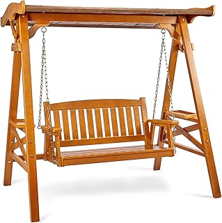 VINGLI Porch Swing with Stand, Porch Swing with Canopy, Waterproof Patio Swing with Cup Holder, Outdoor Swing Set for Garden, Yard, Patio, Teak