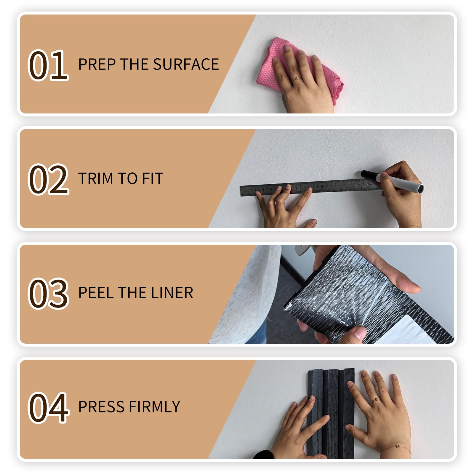 Paneles de pared estriados 3D para despegar y pegar, paneles de pared de espuma EVA con aspecto de madera para pared de TV, borde de listones autoadhesivo impermeable, rollo de 30 m (negro), 1