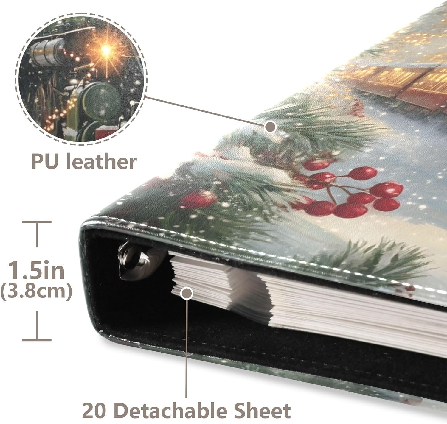 JIPONI Christmas Train Large Photo Album, DIY Leather Cover Scrapbook Albums for 4x6 5x7 6x8 Pictures, Self Adhesive Memory Book for Wedding, Baby, Family