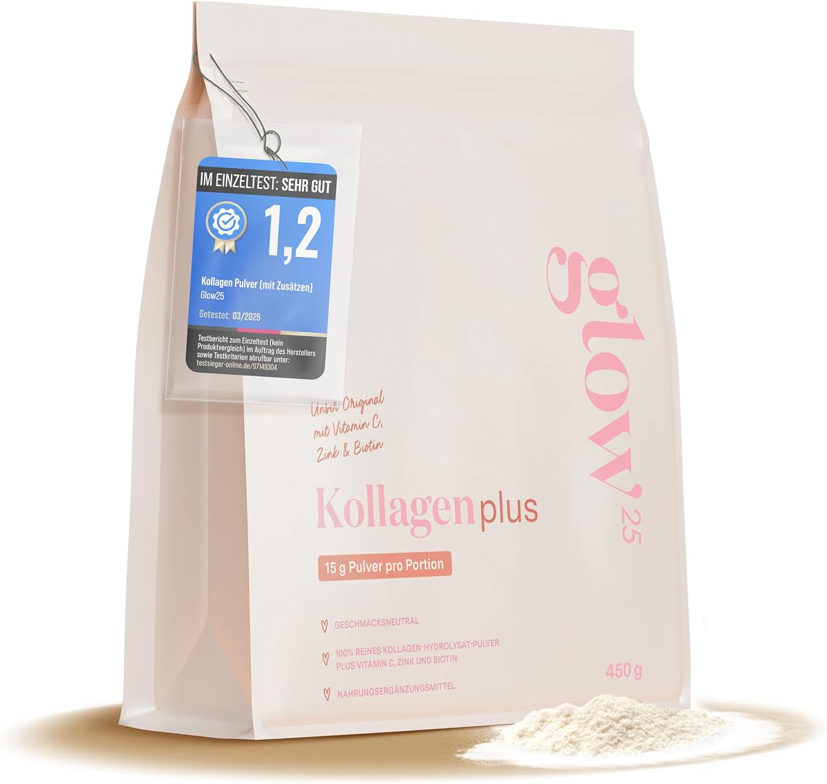 Glow25® Kollagen Plus Pulver [450g] - Collagen Hydrolysat mit Vitamin C, Zink und Biotin - Peptide Typ 1 und 3 - Gute Löslichkeit - Neutral