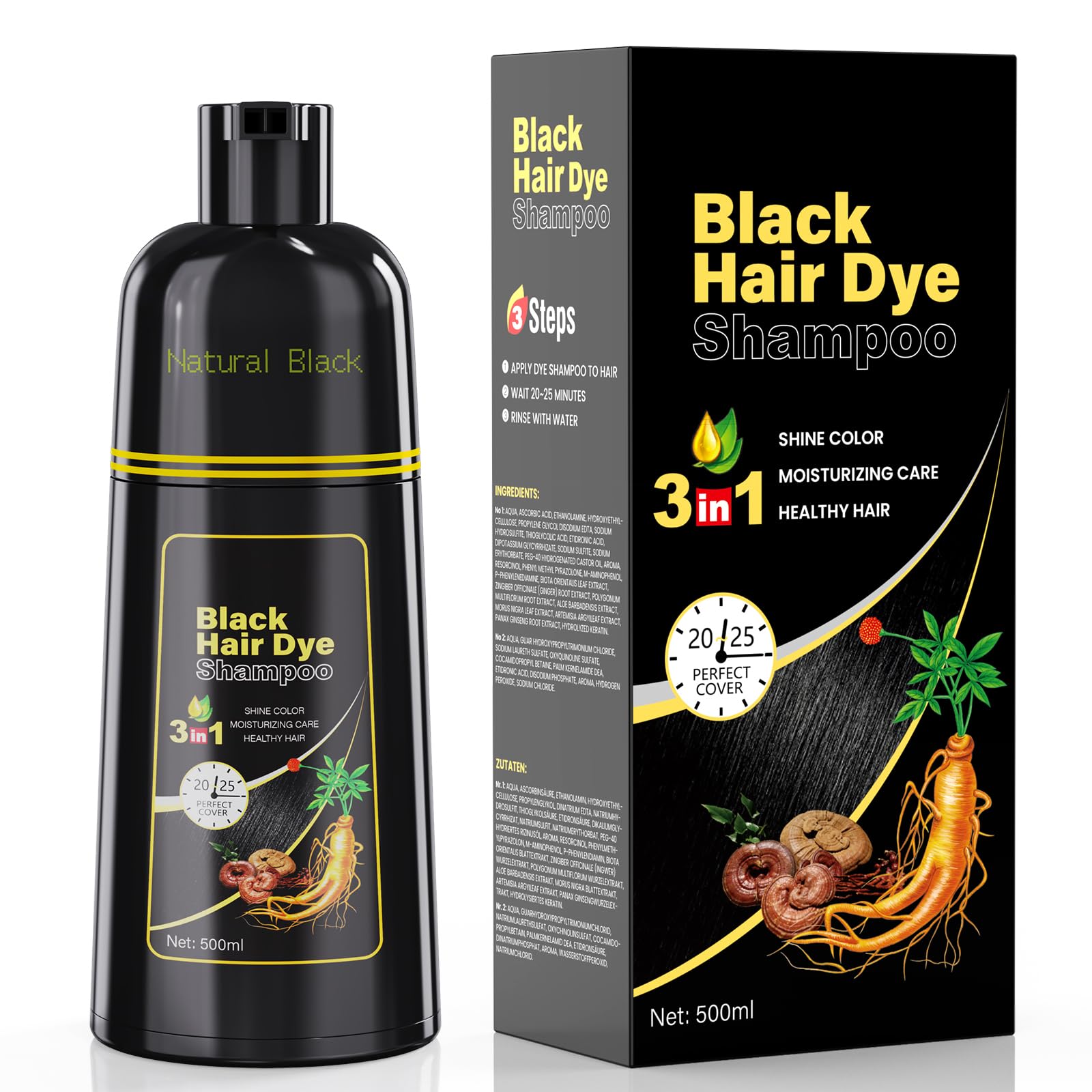 Black Hair Dye Shampoo 3-in-1 for Women & Men, 500ml Natural