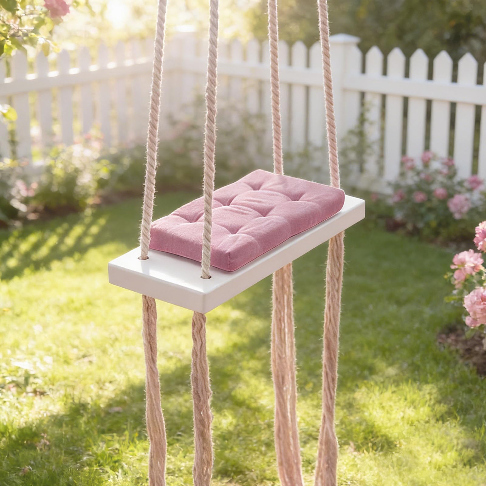 Columpio colgante de madera maciza rosa con acolchado para niños