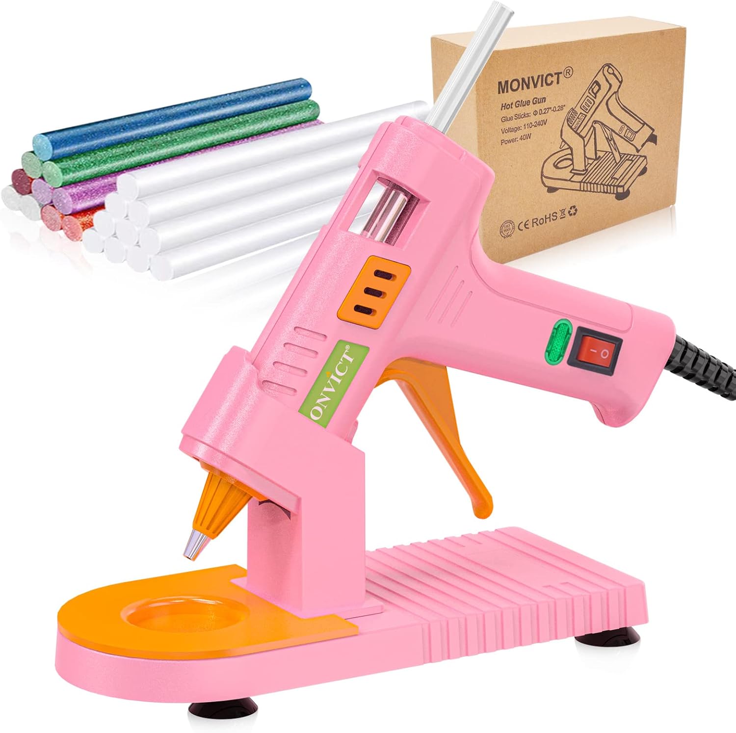 MONVICT Cordless Hot Glue Gun Kit, USB-C Rechargeable Mini Pink Glue Gun with 40 Pcs Premium Glue Sticks, 10 Pcs Craft sticks, Carrying Case, Smart Power-Off Hot Melt Glue Gun for DIY Craft Gift