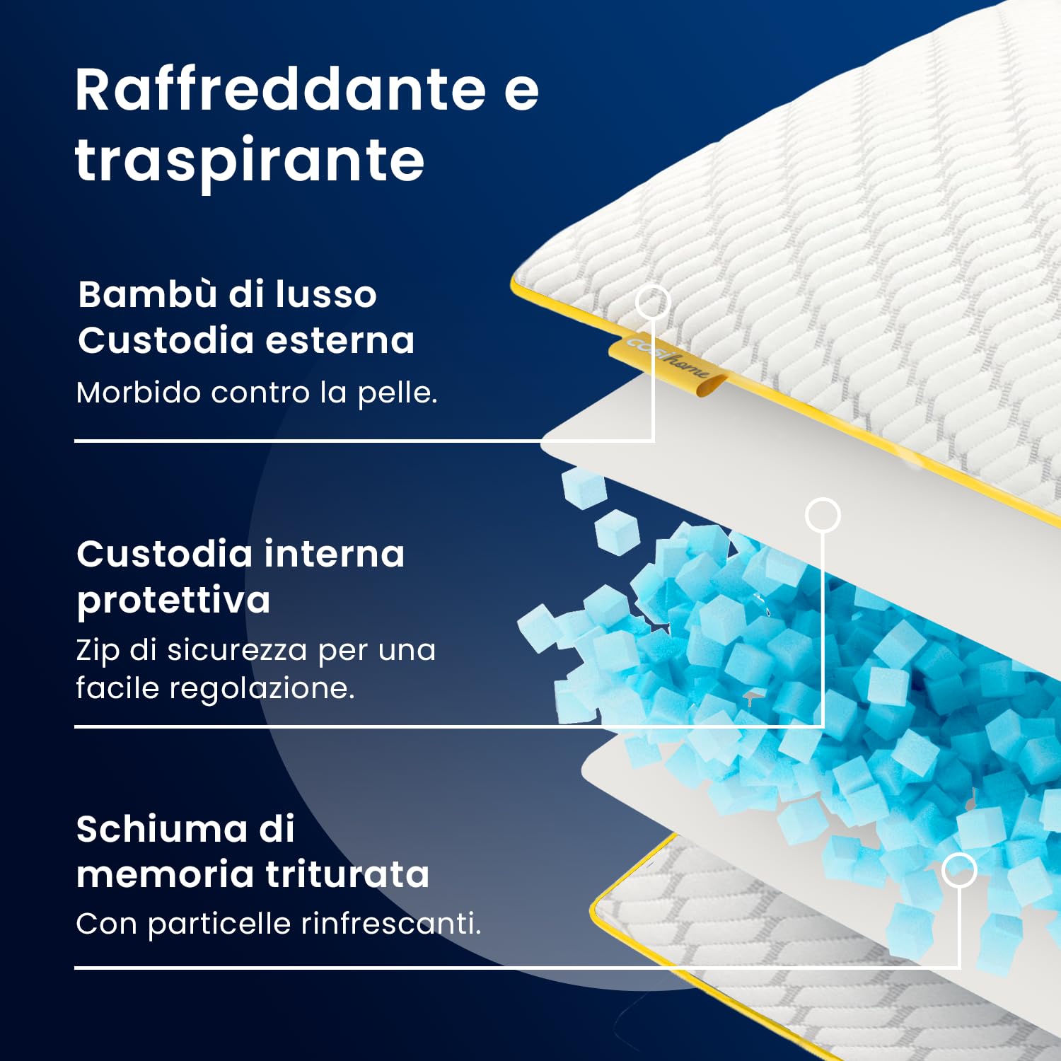 Cosi Home Cuscino in Memory Foam Lussuoso con Fodera in Bambù, Imbottitura in Gel Rinfrescante, 71 x 45 cm e Altezza Regolabile - Traspirante e Lavabile in Lavatrice