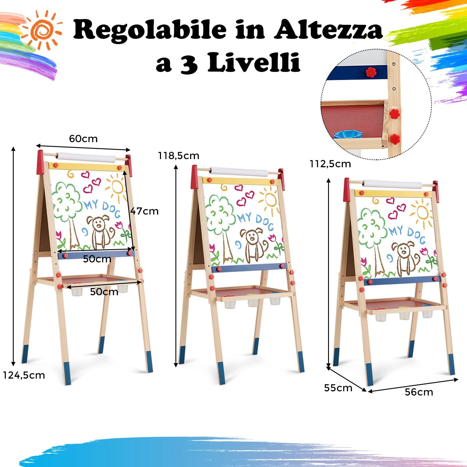 RELAX4LIFE Cavalletto in Legno per Bambini Regolabile in Altezza a 3 Livelli, con Doppia Pittura Laterale, Lavagna per Dipingere, Lavagna in Legno, 60x55x112,5-124,5 cm, Naturale