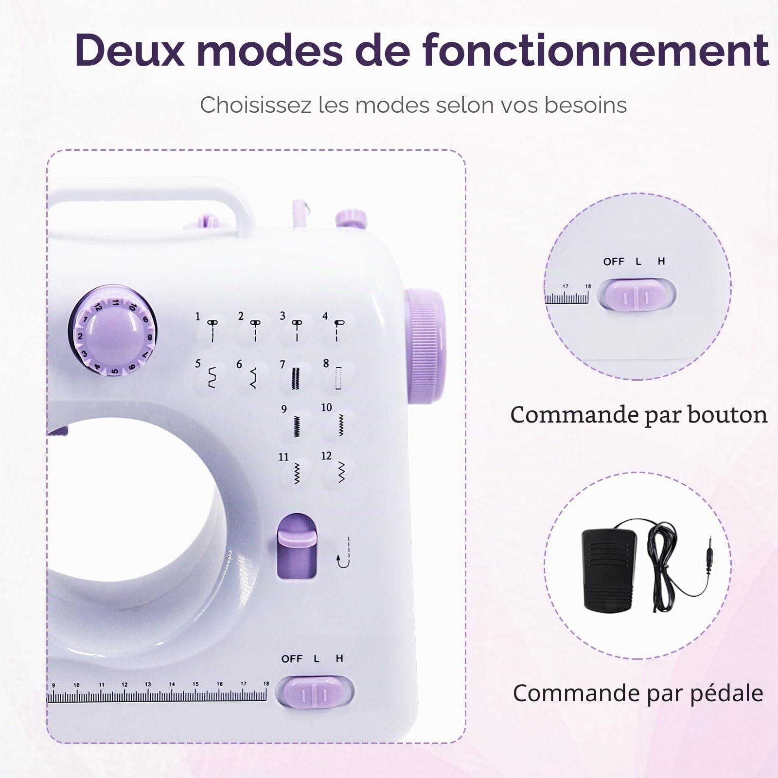 Machine à coudre pour débutants, 12 programmes de points, machine à coudre électrique, mini machine à coudre portable, petite machine à coudre manuelle avec lumière LED avec pédale et kit de