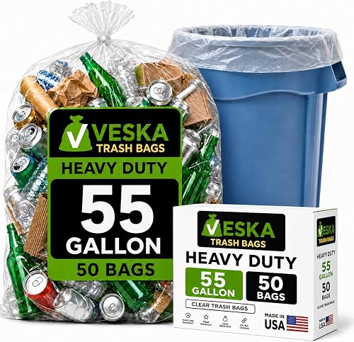 55 Gallon Clear Trash Bags, (50 Bags w/Ties) Large Clear Plastic Recycling Garbage Bags