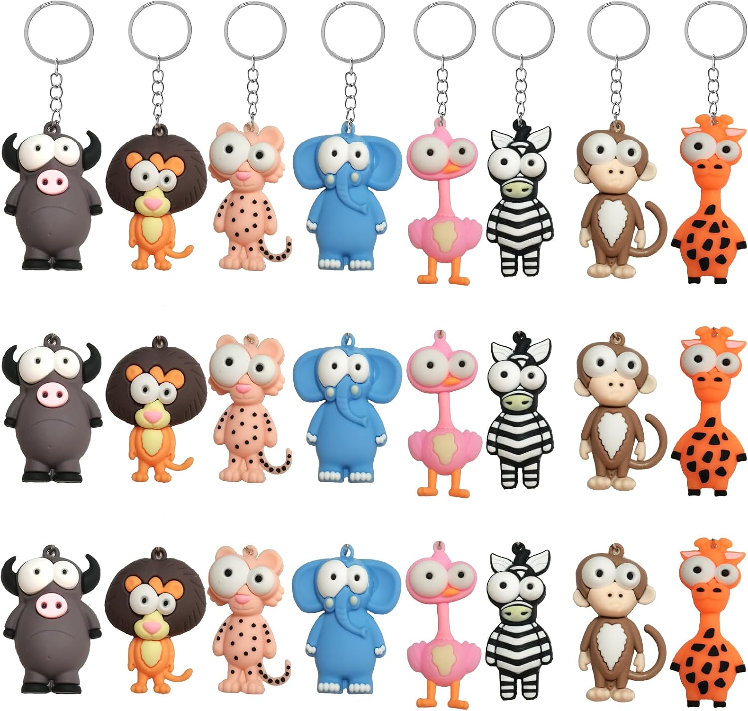 24 Pcs Rubber Animal Keychains Bulk, 3D Shaped Elephant Pig Duck Monkey Zebra Hanging Ornaments With Keyrings For Birthday Party Supplies, School Activities Rewards, Halloween Christmas Party Supplies