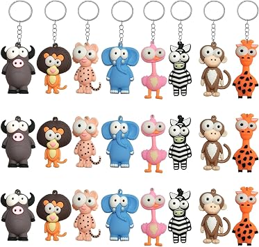 24 Pcs Rubber Animal Keychains Bulk, 3D Shaped Elephant Pig Duck Monkey Zebra Hanging Ornaments With Keyrings For Birthday Party Supplies, School Activities Rewards, Halloween Christmas Party Supplies