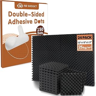 SD SODOCT Acoustic Foam Panels + Adhesive Dots Set 24 Pack 12×12×1.2" Egg Crate Soundproof Panels + 150 Clear Double-Sided Dots Home Studio Office Bundle