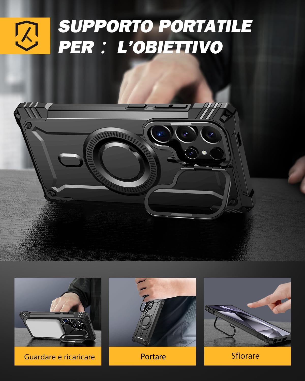 Lanhiem Cover per Samsung S24 Ultra 5G Magsafe con Supporto Protezione Completa del Corpo a 360°con 2 Vetro Temperato, Militare 14FT Antiurto Resistente, Custodia per Samsung Galaxy S24 Ultra, Nero