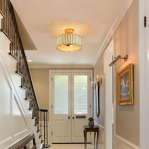 Miniatura 7 de Lámpara de techo dorada con forma de tambor, lámpara Tiffany moderna de montaje semiempotrado de 12.5 pulgadas con vidrio blanco, 3 luces redondas