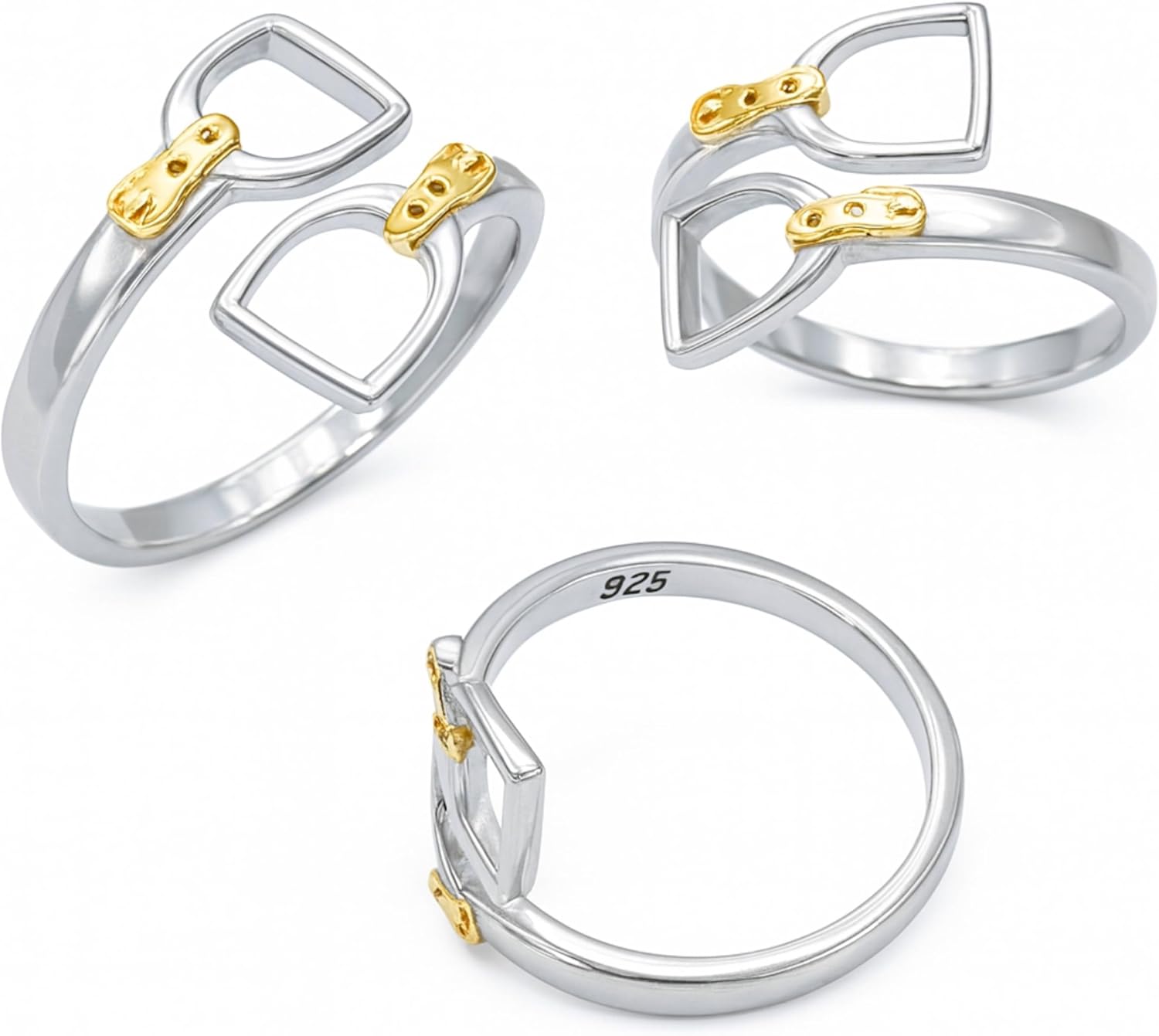 2-Toned Double Stirrup Open Ring in 925 Sterling Silver Filled or Brass & 18K Gold Plating. Silver Stirrup band with Gold Belt Buckle. Unisex Adjustable Fit For Any Finger sizes 4-11. Western Horse Jewelry Gift
