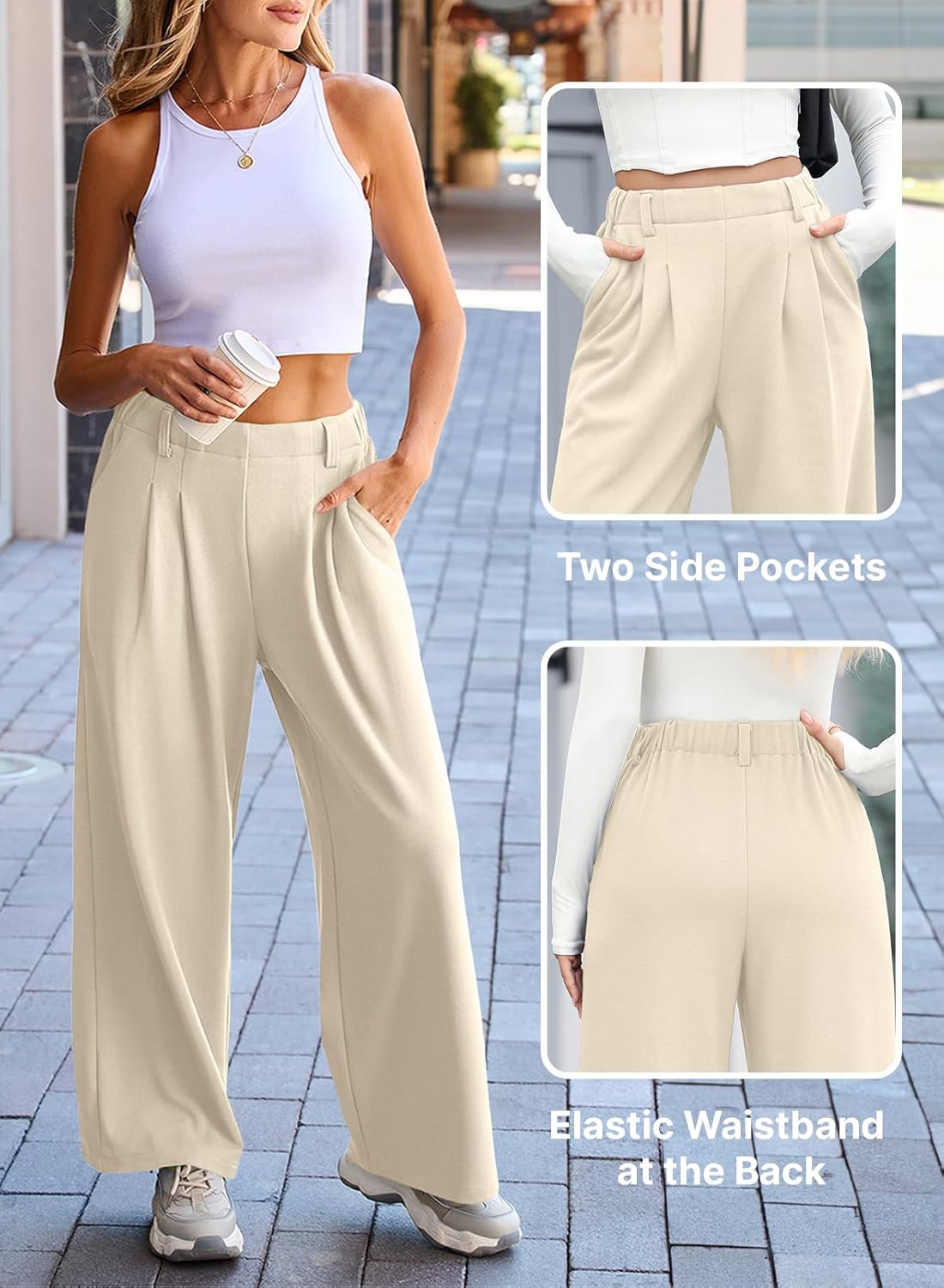 EVALESS Women's Fleece Lined Pants Wide Leg High Waisted Knit Palazzo Pants Business Casual Work Trousers with Pockets - Image 4