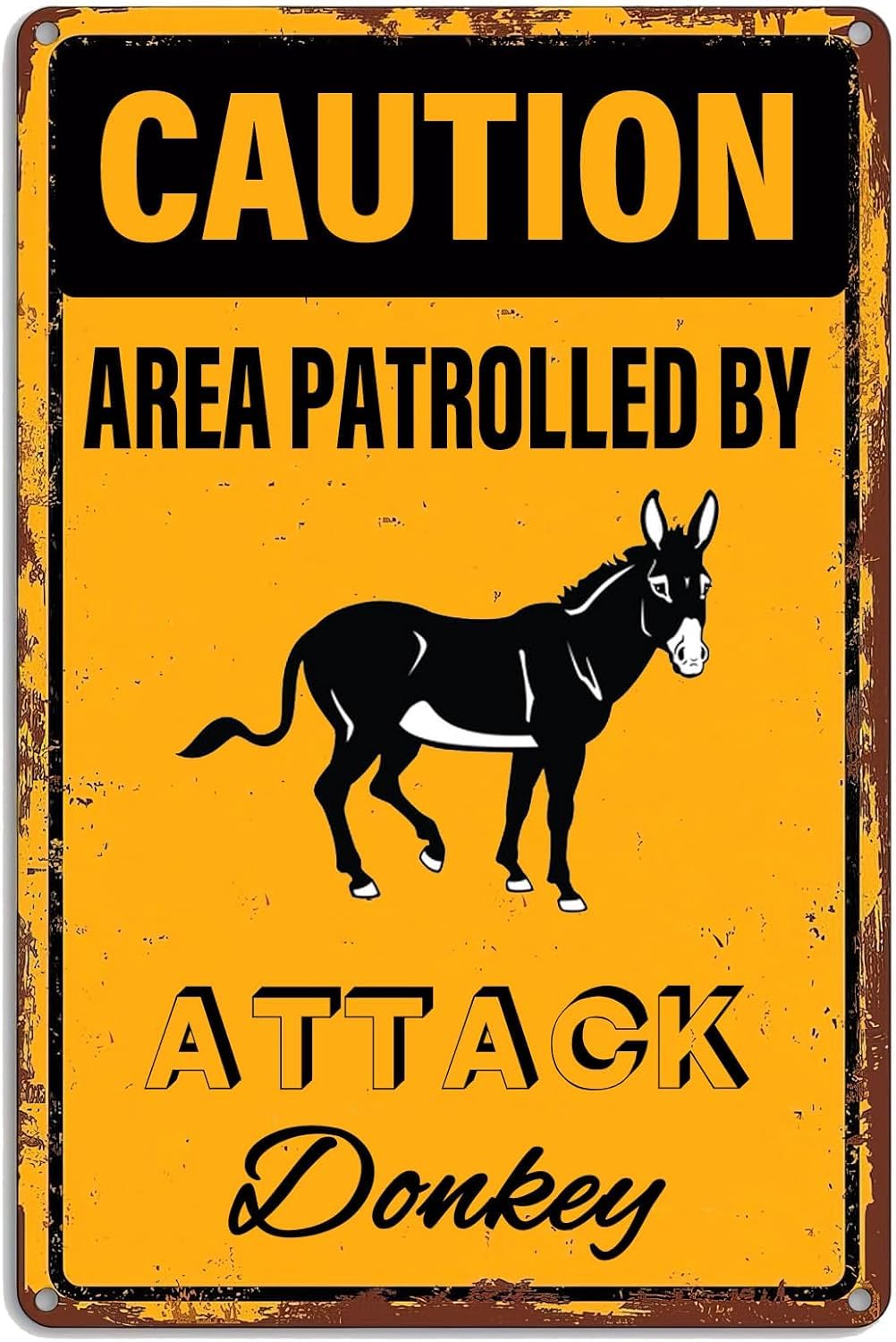 SMAZDFXX Vintage Metal Sign Caution Area Patrolled By Attack Donkey Wall Art Metal Hanging Sign Donkey Decor Retro Tin Plaque for Home Cafe Bar Pub Garden Office Club Gym Man Cave 5.5"x8"