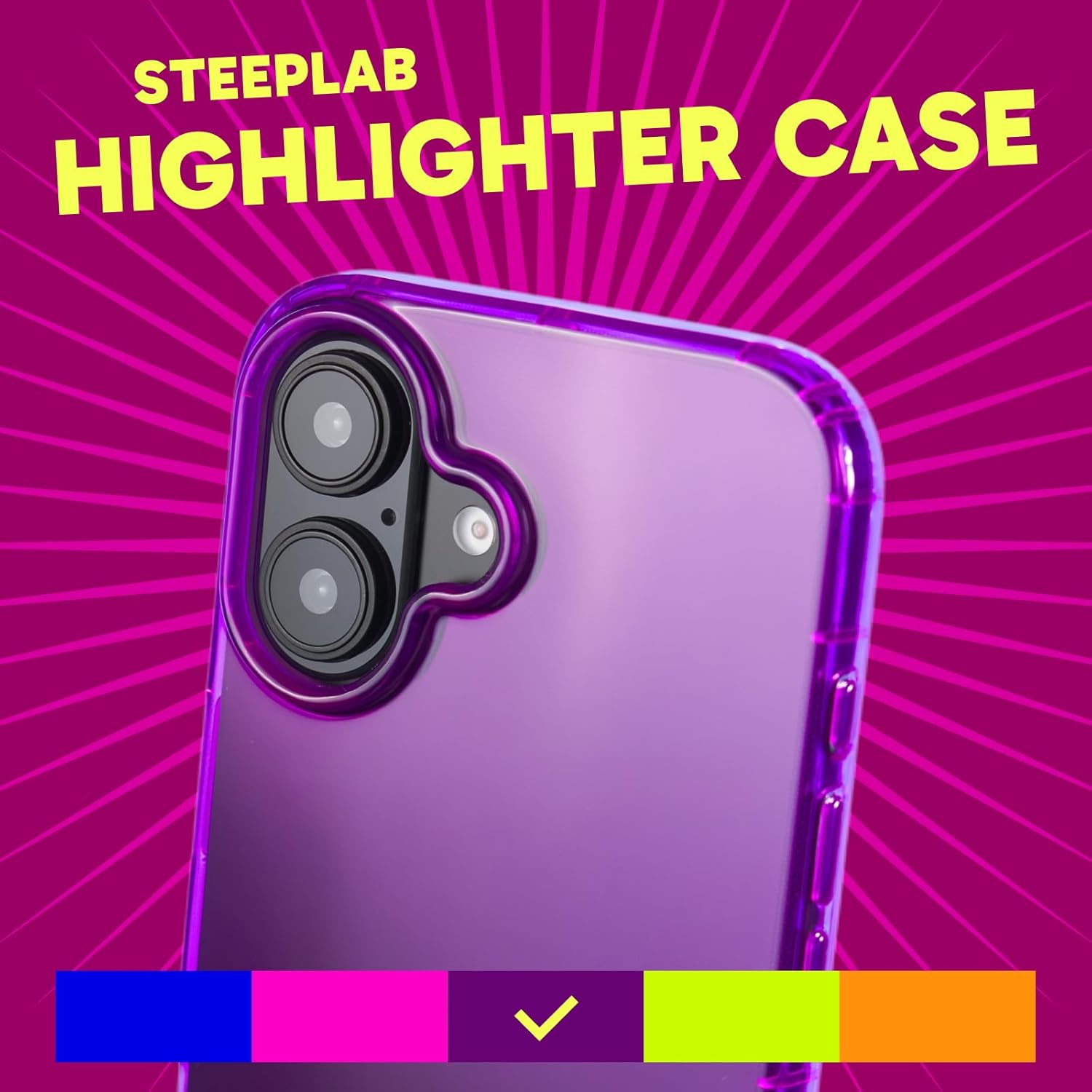 SteepLab Neon Highlighter Case for iPhone 16 Plus - The Grippy Jelly Case w/Protective Air Pockets (Saturated Vivid Purple)