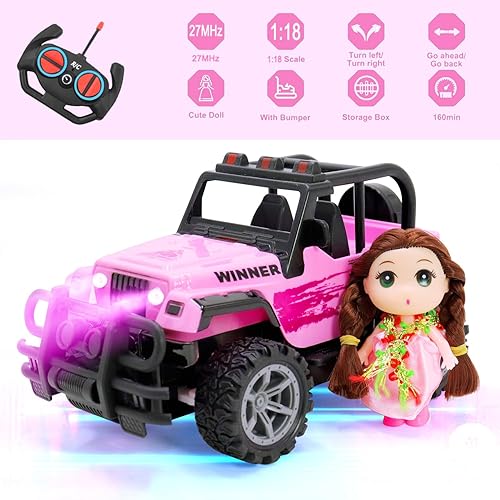 Miniatura 2 de wagkew Auto a control remoto para niñas, escala 118, coche RC rosa para niños de 4 a 7 a 8 a 12 años de edad, con muñeca y faros LED, camiones