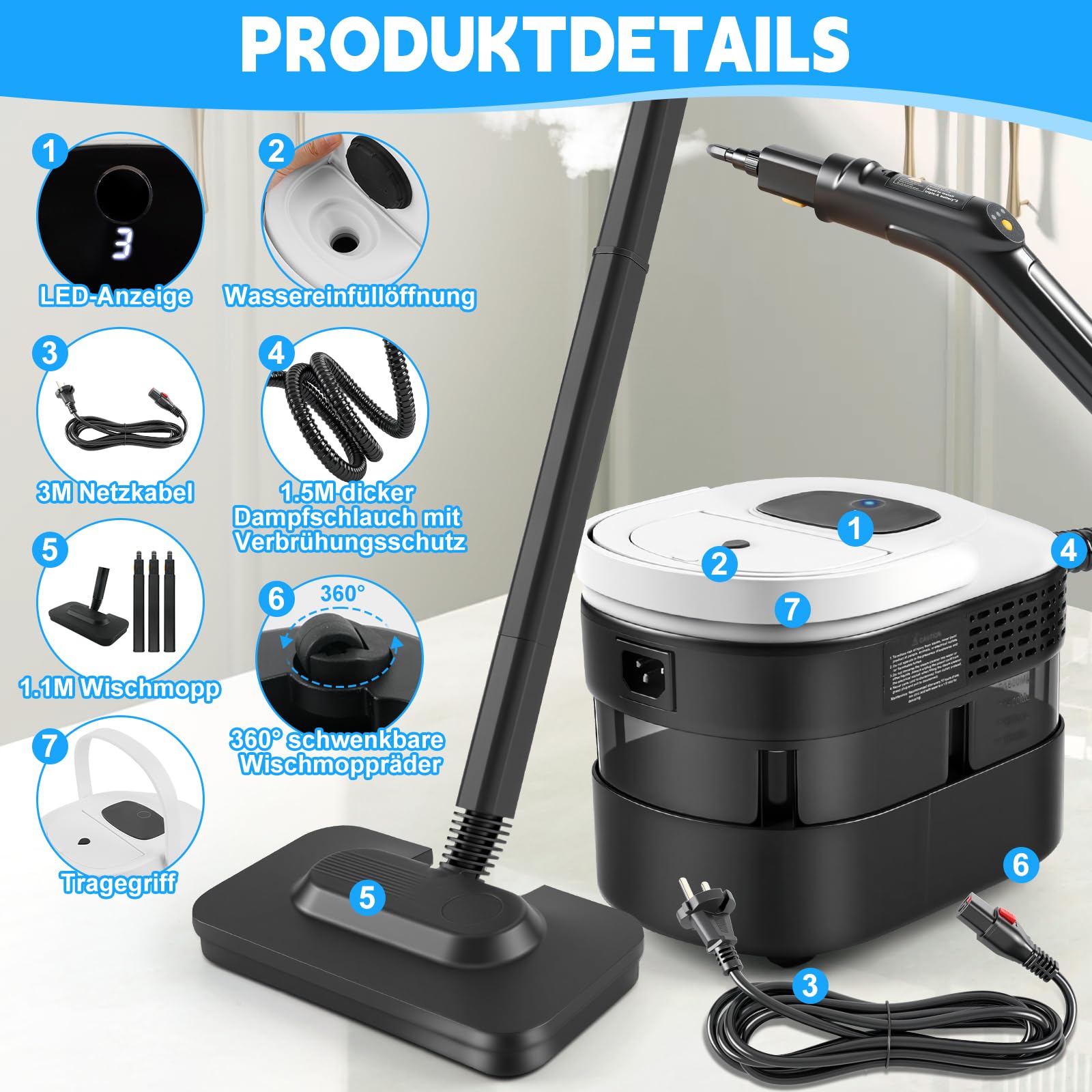 Limpiador de vapor manual, 2500 W, limpiador de vapor para todo con 15 accesorios, presión de vapor de 4,5 bar, depósito de 1600 ml, portátil para ventanas, cocina, suelo, coche