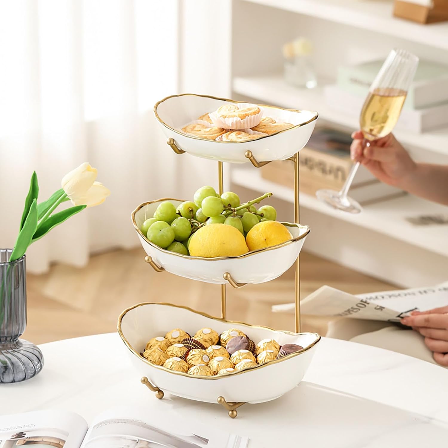 3-Tier Fruit Bowls for Kitchen Counter,Ceramic White Bowl with Gold Metal Stand,3 Tier Fruit Basket for Fruit,Snack,Cake,Nuts,Dessert Storage