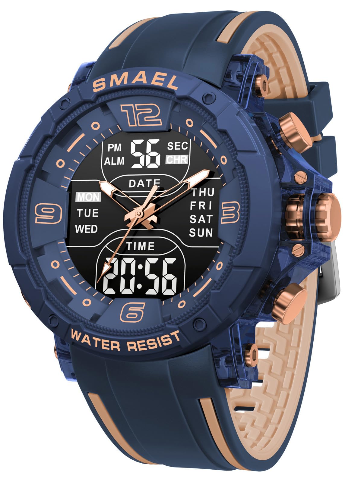 Gosasa Montre de sport analogique et numérique pour homme avec rétroéclairage LED, chronomètre, alarme, calendrier, heure 12/24 h, étanche jusqu'à 50 m, bracelet en silicone