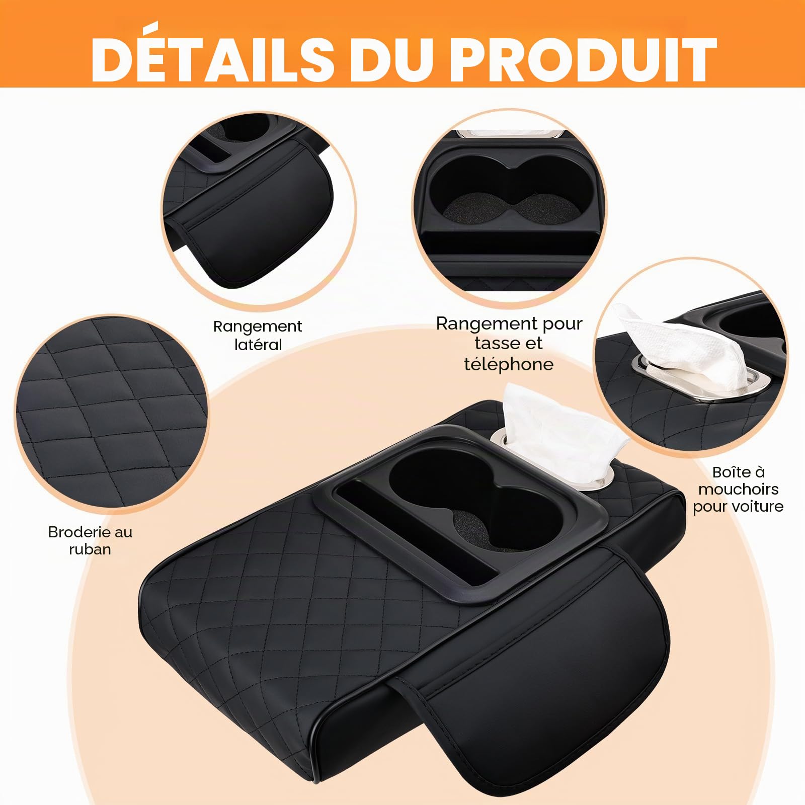 Coussin d’accoudoir de Voiture Universel Multifonction,Housse Console Centrale avec Poches et Porte-gobelet – rehausseur en Mousse mémoire,Cuir synthétique PU,pour Voitures,SUV,camions (Noir)