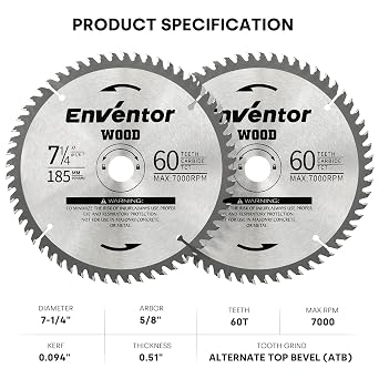 Emventor 2 Pack 7-1/4 Inch Circular Saw Blades (185MM) with 5/8 Arbor, 60T Saw Blade for Various Wood Cutting