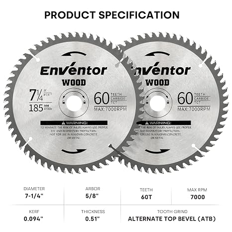 Emventor 2 Pack 7-1/4 Inch Circular Saw Blades (185MM) with 5/8 Arbor, 60T Saw Blade for Various Wood Cutting