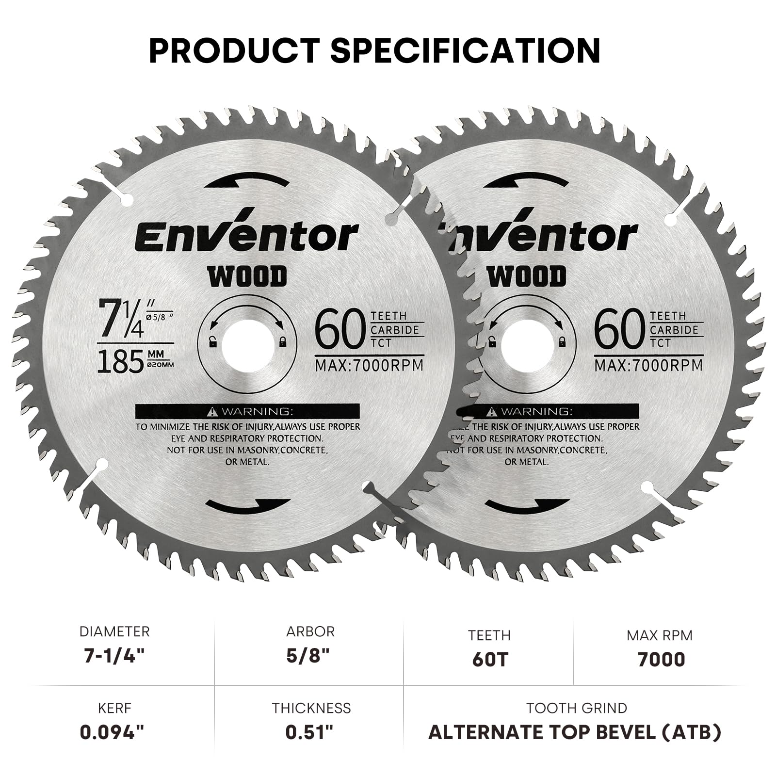 Enventor 2PCS Circular Saw Blades, 185mm* 20mm Bore *60T, TCT Saw Blade for Wood Cutting Compatible with 76332L, 76343L - Image 2