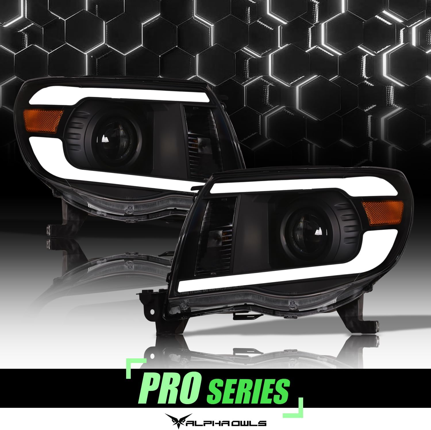 Alpha Owls 8717776 Projector Headlights With White LED Light Bar - Black Amber Fits 2005-2011 Toyota Tacoma