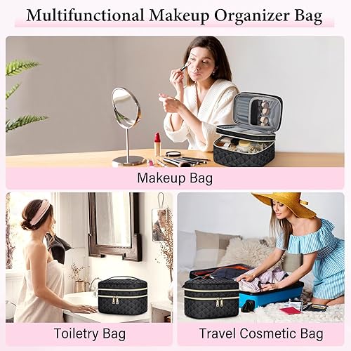 Miniatura 6 de IGOLUMON Bolsa de maquillaje de viaje Bolsa de cosméticos portátil Bolsa de maquillaje de doble capa Bolsa de aseo de amplia apertura, Negro -