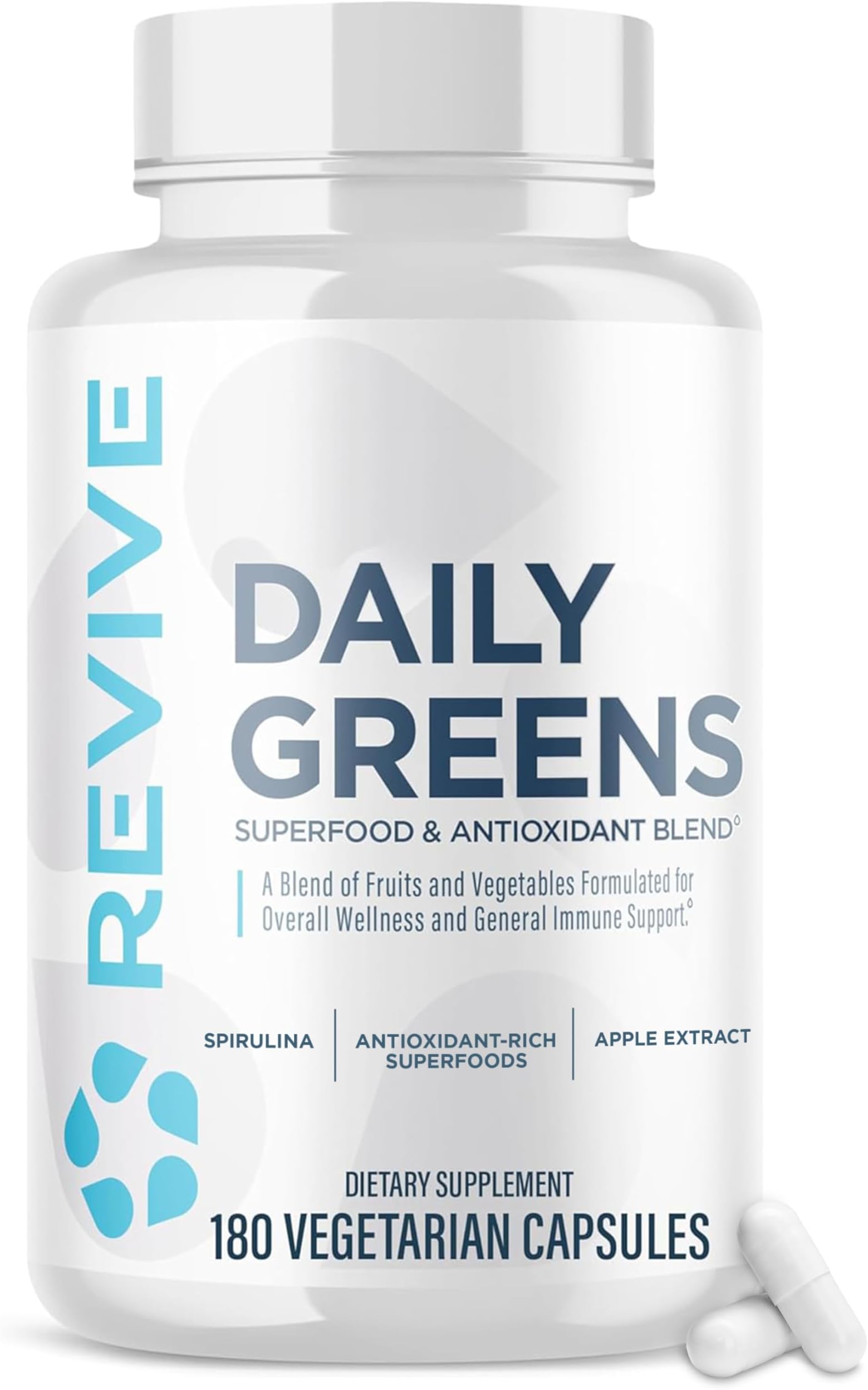 Revive MD Daily Greens Supplement for Men & Women - Superfood & Antioxidant Blend w/Digestive Enzymes, Prebiotics & Probiotics for Immune Support, Digestive & Gut Health - 180 Capsules (60 Servings)
