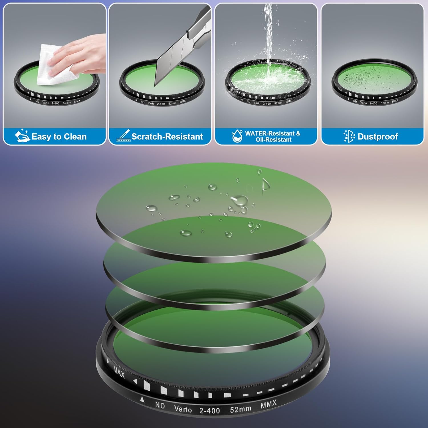 Phone 52MM Variable ND2-ND400 Filter, Multi-Coating Clip Adjustable Neutral Density Lens Kit, Compatible with iPhone 16/15/14/13 Pro Max, Samsung Galaxy, Google Pixel and Other Smart Phones