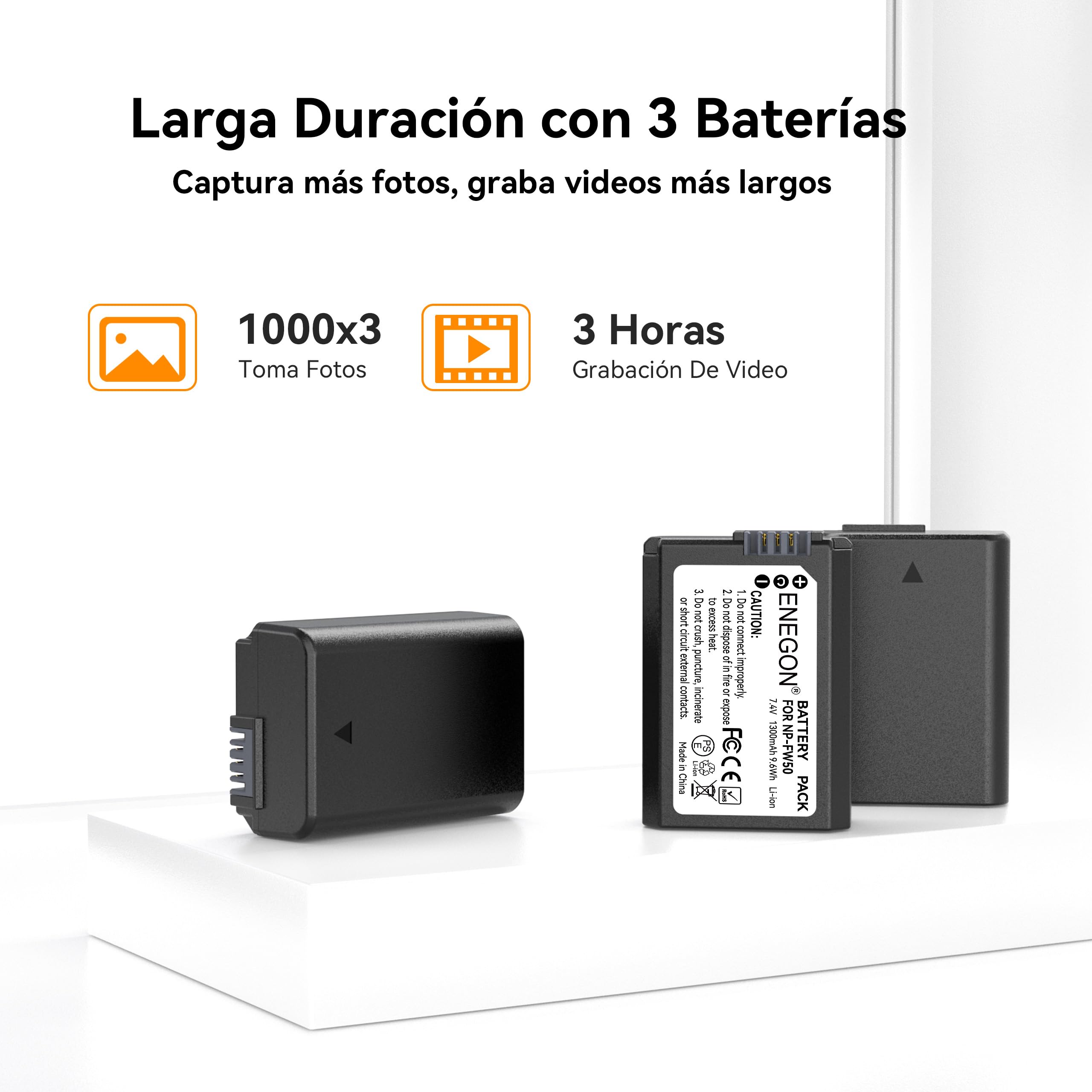 ENEGON NP-FW50 - Batería de 1300 mAh y cargador LCD de 3 bahías para Sony Alpha A6000 A6300 A6400 A6500 ZV-E10 7RM2 A7SM2 A7M2 A7 II A7R II A7S II A5000 A51000 0 A51 00 3000 g. RX10 II III IV NEX-3/5