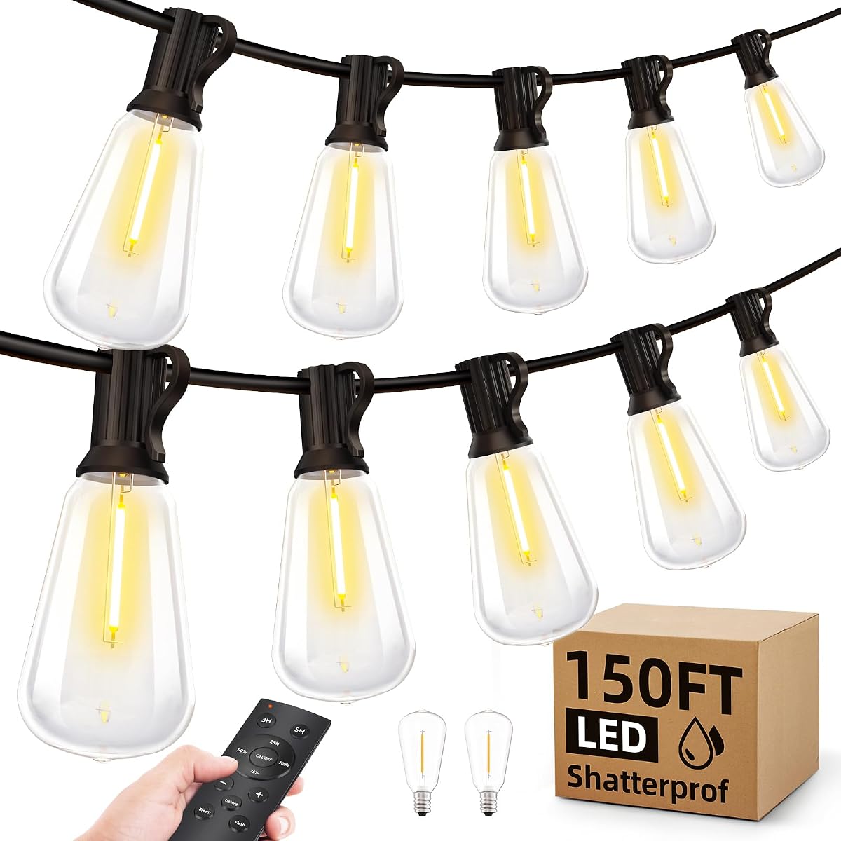 MGVIH Outdoor String LED Patio Lights, 150Ft Waterproof, Remote Dimmable,