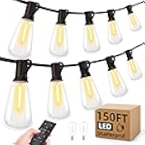 Outdoor String Led Patio Lights - 150Ft 45M Outside Waterproof Light With Remote Dimmable ST38 Shatterproof Bulb Connectable Hanging Outdoor Electric Lighting For Backyard Yard Gazebo Porch Party