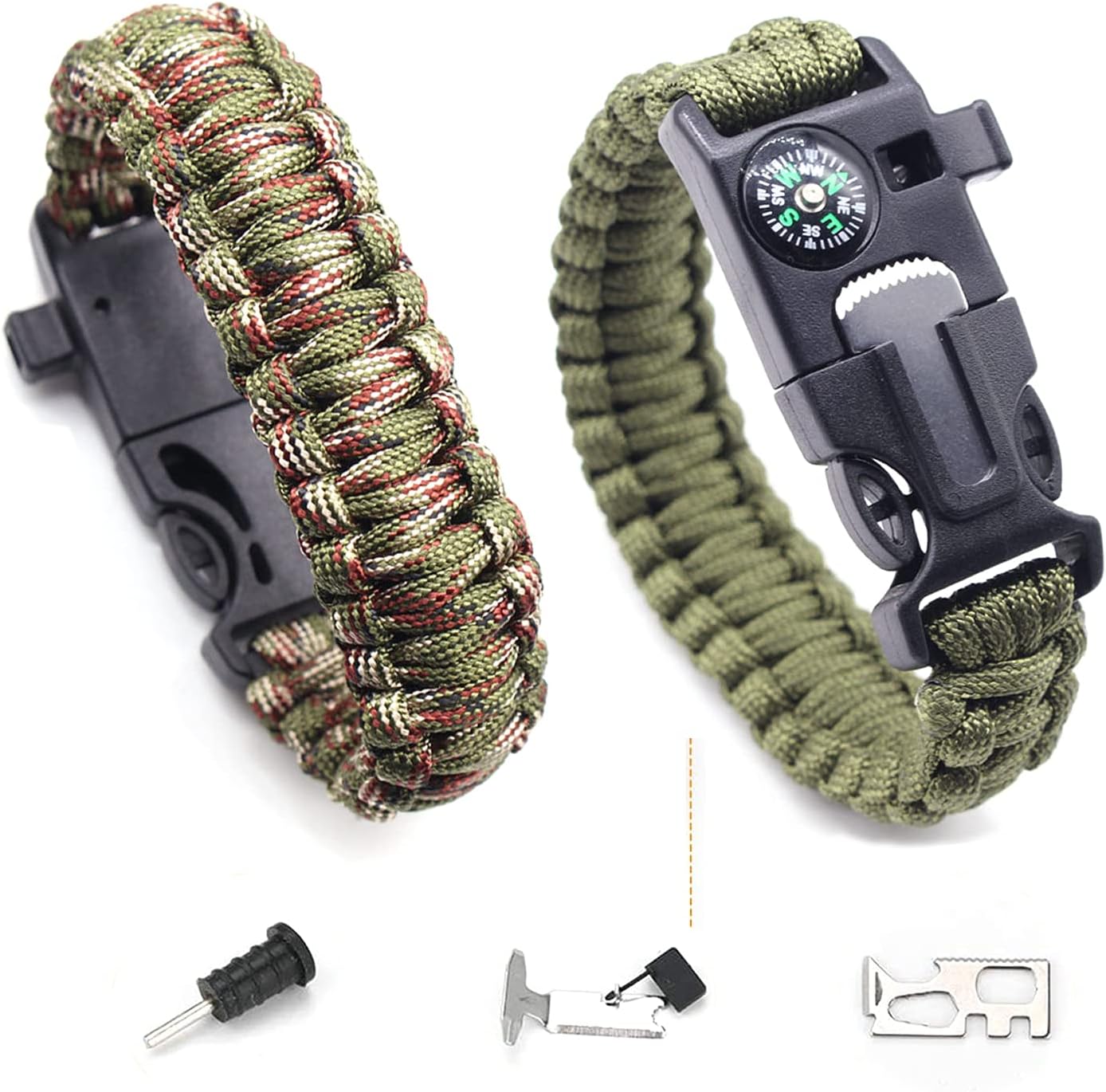 Camouflage Bracelet, Outdoor Tool Set Includes a Compass, One 3.6 Metre Long Umbrella Rope, a Fire Starter, Emergency Knife & Whistles, Multi Tool for Expeditions, Camping, 23 centimeters