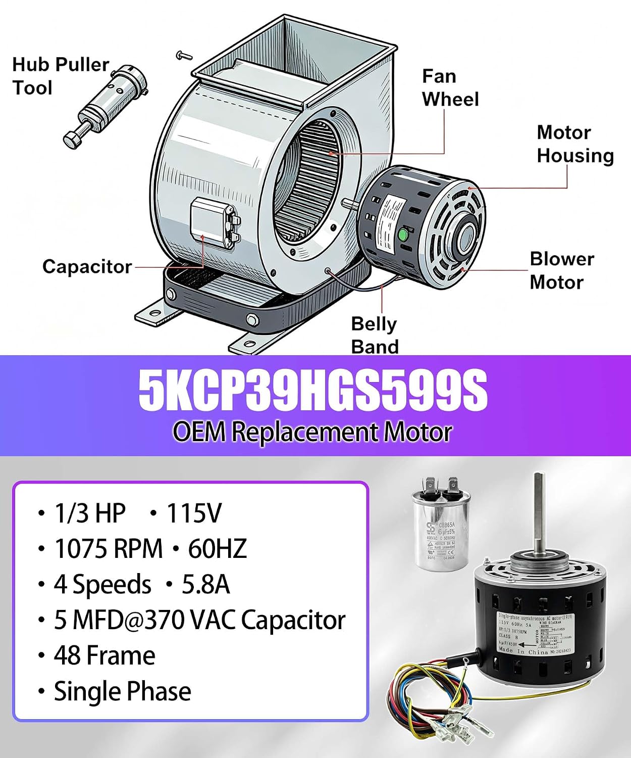 5KCP39HGS599S Furnace Blower Motor-1/3 HP 115V 1075 RPM 4Speed Compatible with GE & Trane MOT9053 MOT09053 MOT16953 MOT18948 MOT04716 MOT04722 MOT13512 HVAC Furnace Blower Motor，Includes Capacitor