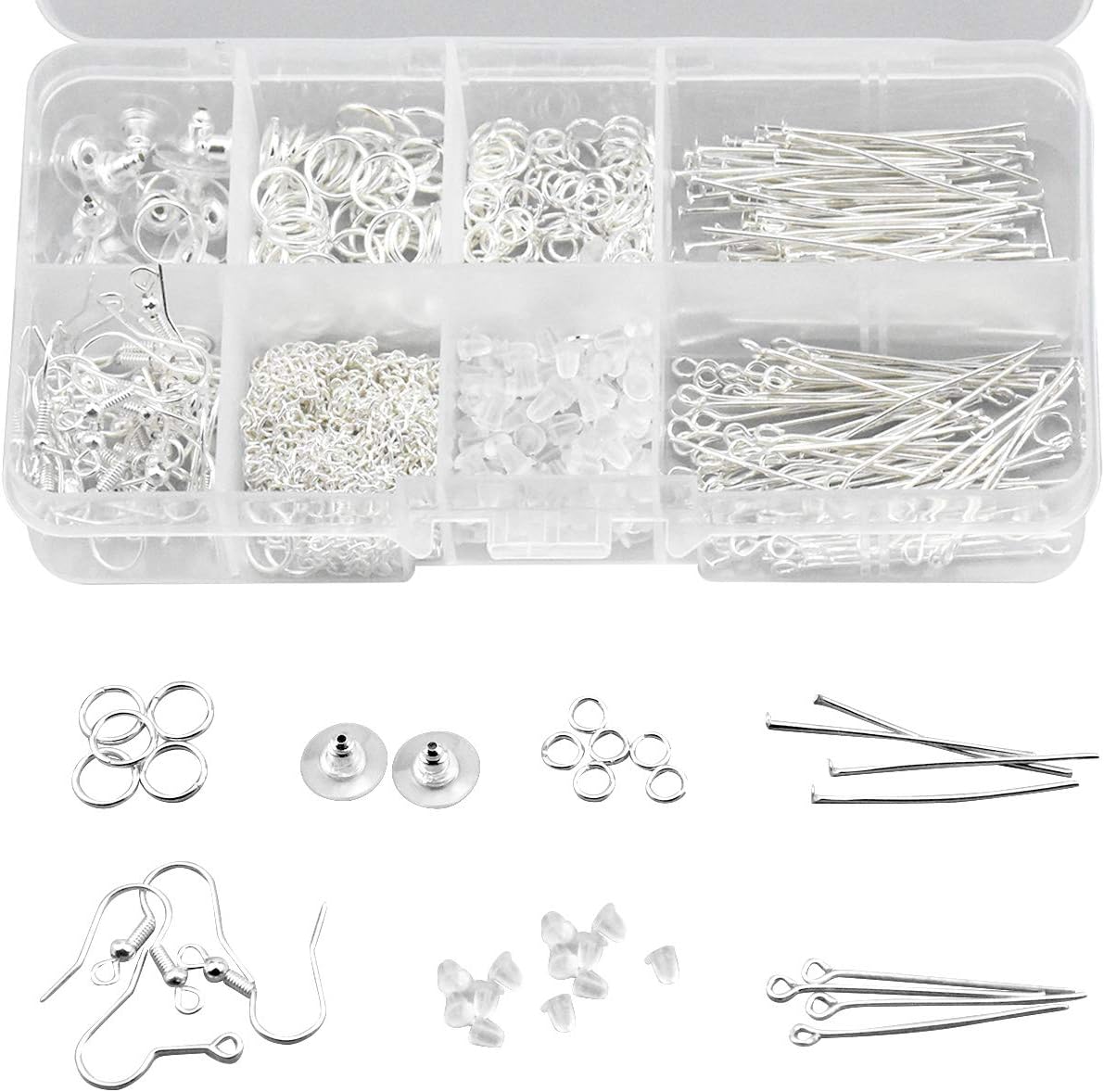 740 Pcs Silver Tone Jewelry Making Kit With Earring Hooks, Backs, Clasps, Jump Rings, Pins for DIY Craft Supplies