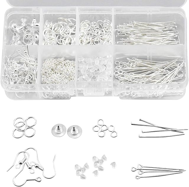 740 Pcs Earring Making Kits Silver Tone Jewelry Making Kit Jewelry Finding Starter Tools Kit with Earring Hooks Earring Backs Clasps Jump Rings Pins for Jewelry Making Repair DIY Craft Supplies