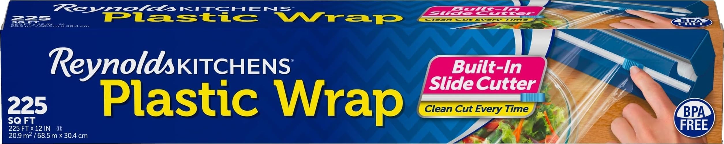 Reynolds Kitchens Clear Plastic Wrap, Built-In Slide Cutter, 225sq ft | Plastic Cling Wrap for Food Storage, Seals in Freshness, Clean Cut Every Time, Ideal For Leftovers, BPA-Free, 12 in x 225 ft